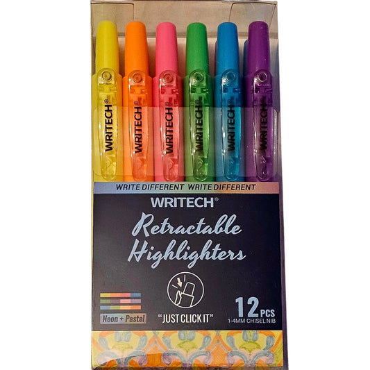 Writech Retractable Highlighter Pack - Writech - 12 Pack Pastel & Neon - JoWo Fountain Pen Nibs
